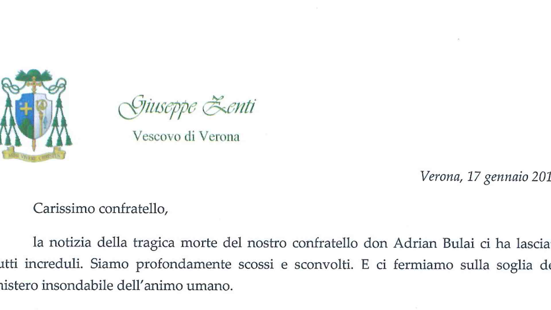 Immagine di Lettera del Vescovo al Presbiterio per la morte di don Cristinel Adrian Bulai