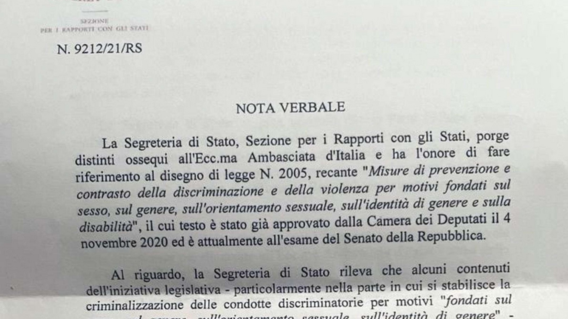 Immagine di Ddl Zan, ecco il testo della nota della segreteria di Stato del Vaticano