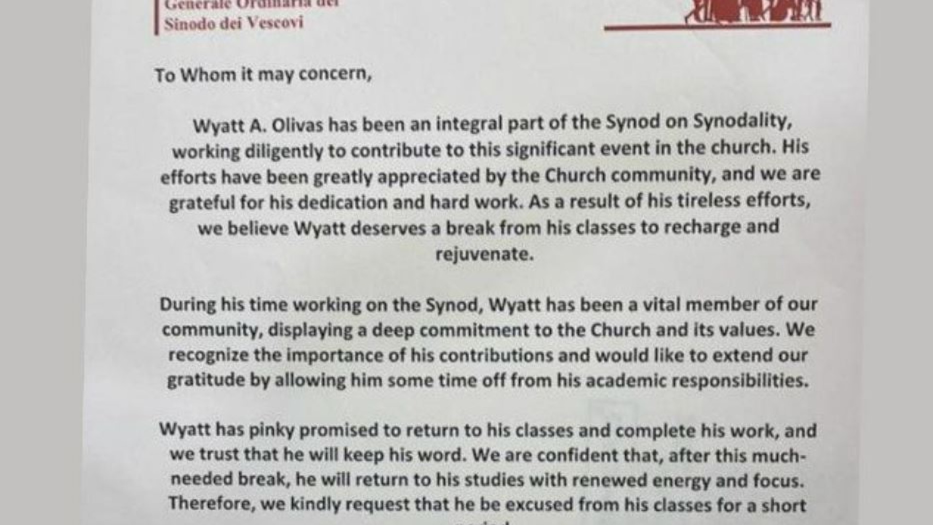 Immagine di Lo studente «assente per Sinodo». Il Papa firma la giustificazione