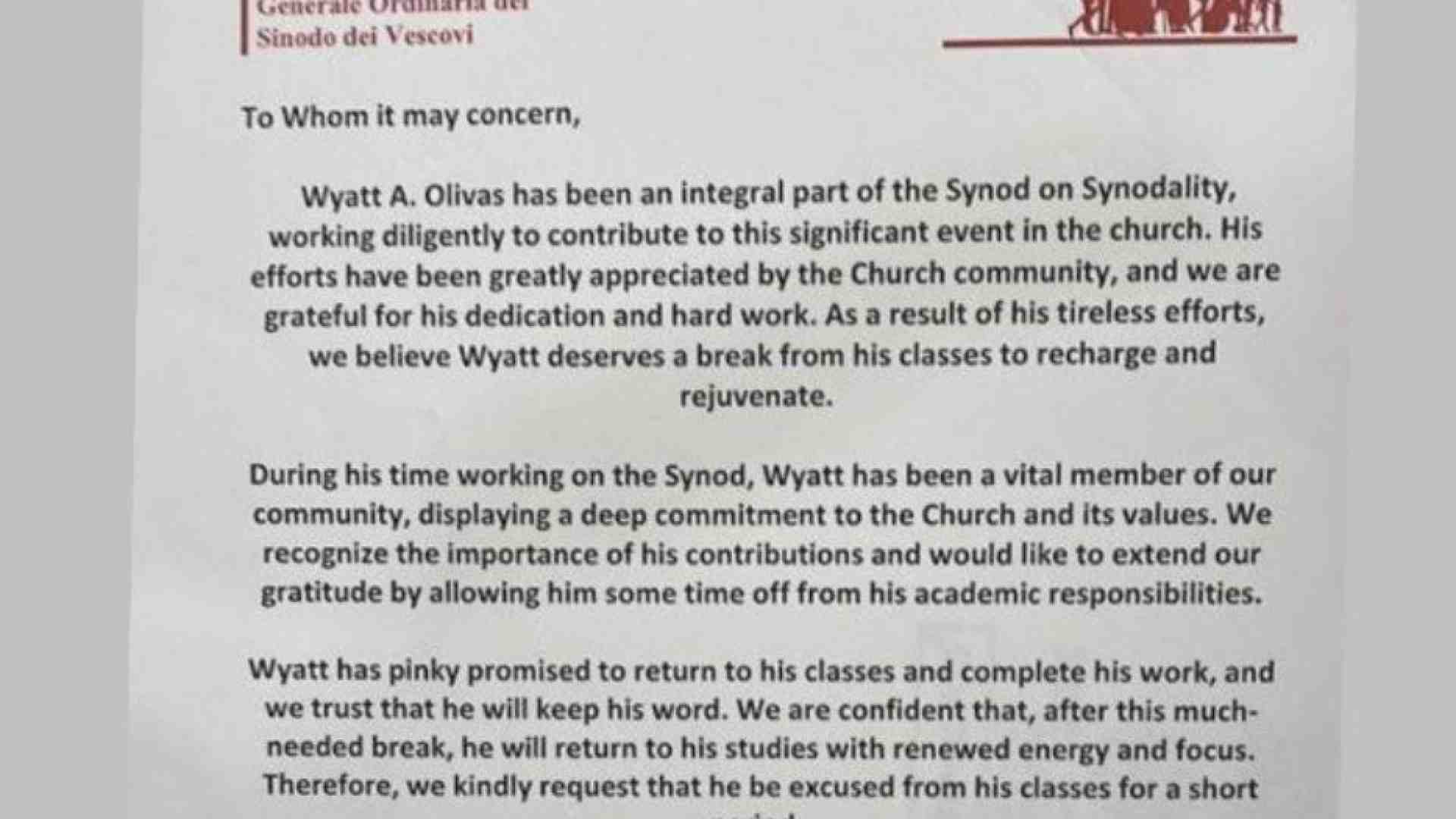 Immagine di Lo studente «assente per Sinodo». Il Papa firma la giustificazione