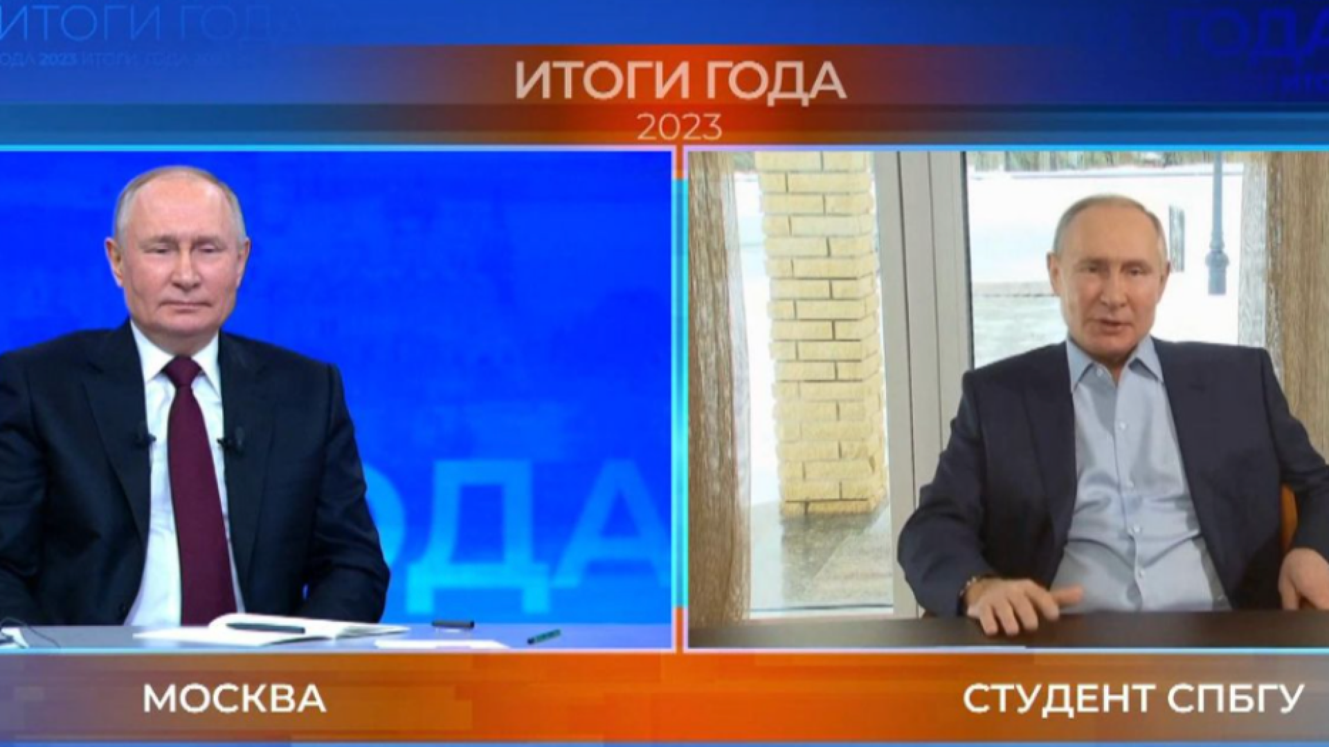 Immagine di Putin riesce a intervistare se stesso: «Stanno finendo le armi regalate a Kiev»