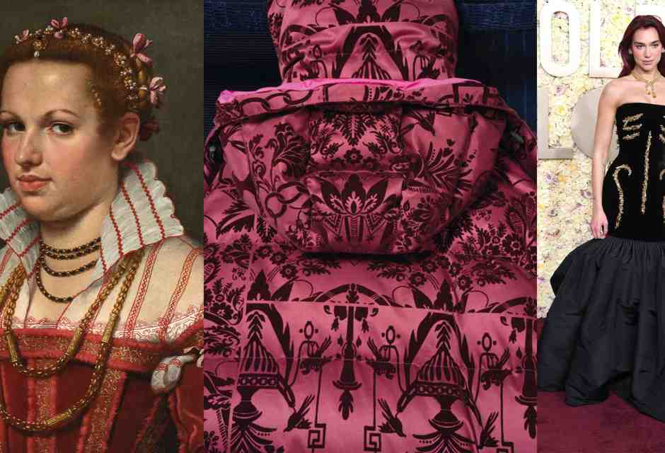 Giovan Battista Moroni, Ritratto di Isotta Brembati. Un tessuto di Isa seta. Dua Lipa in abito Schiaparelli ai Golden Globes 2024<br />