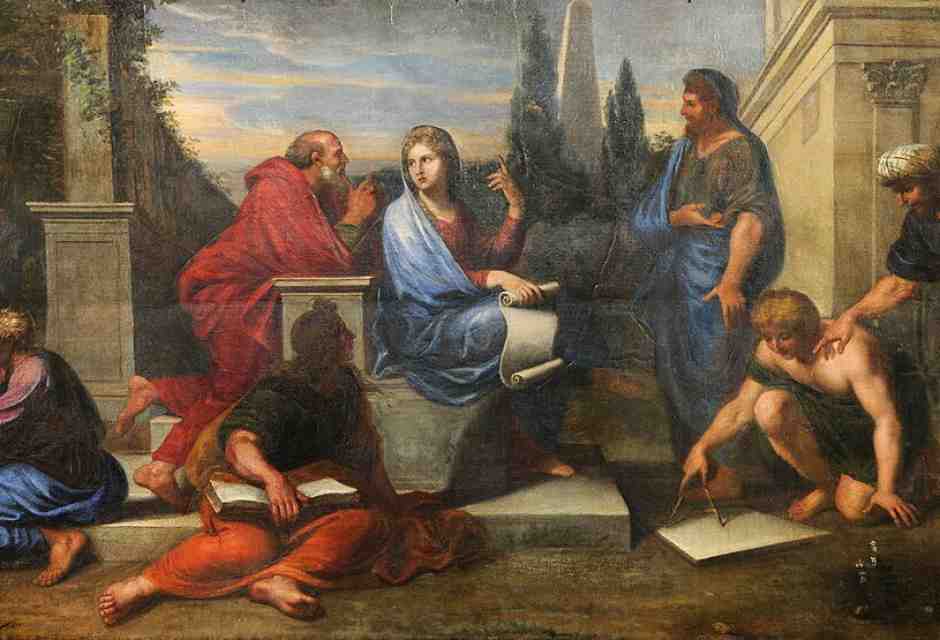 Michel Corneille il Giovane, “Aspasia circondata dai filosofi greci”, 1670 circa (Wikipedia) <br />