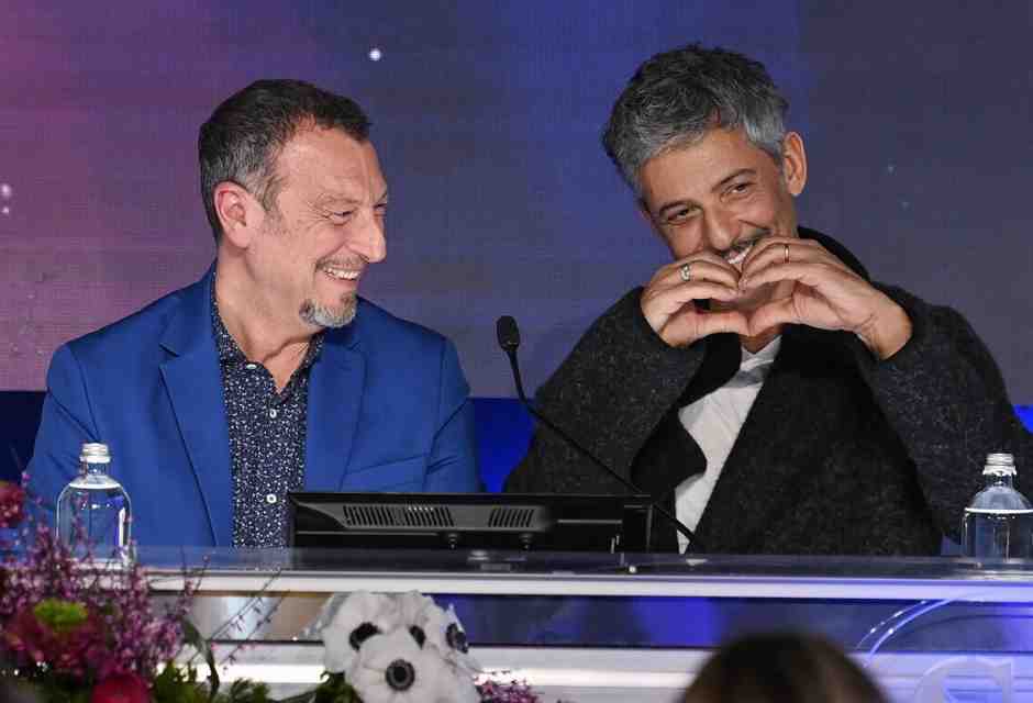&nbsp;Amadeus e Fiorello alla conferenza stampa per il festival di Sanremo - foto Ansa