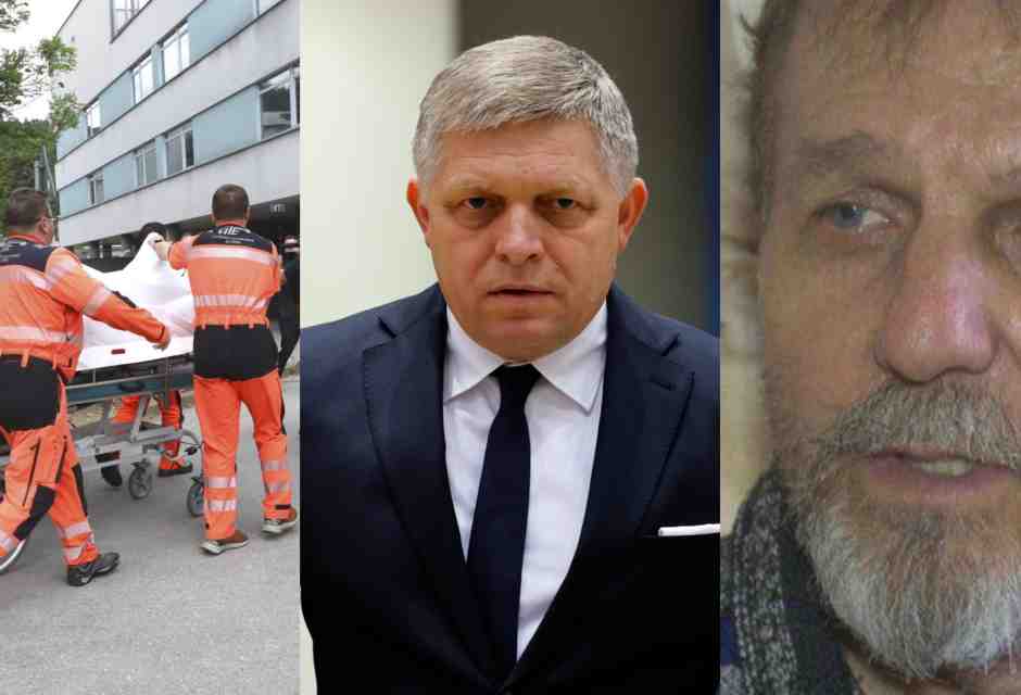  Il premier Robert Fico, al centro. L'ambulanza, a sinistra, con il suo corpo ferito. Il volto, a destra, del presunto attentatore - foto LaPresse e dal profilo Twitter di Nexta