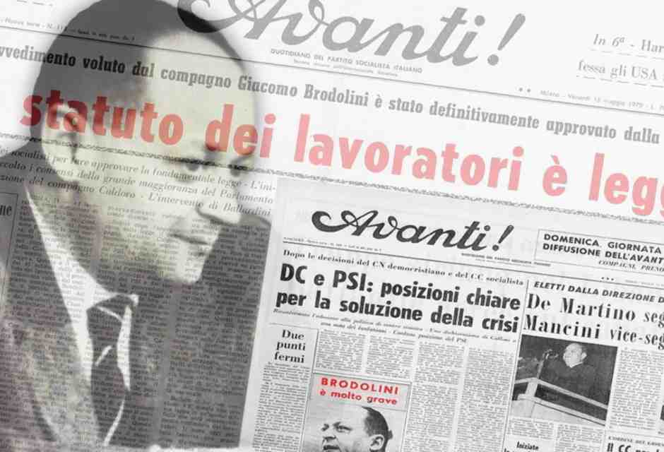 Un fotomontaggio con il profilo di Brodolini e le pagine dell&rsquo;Avanti con le notizie della sua malattia e dell&rsquo;approvazione dello Statuto (dal sito osservatorioglobalizzazione.it)<br />