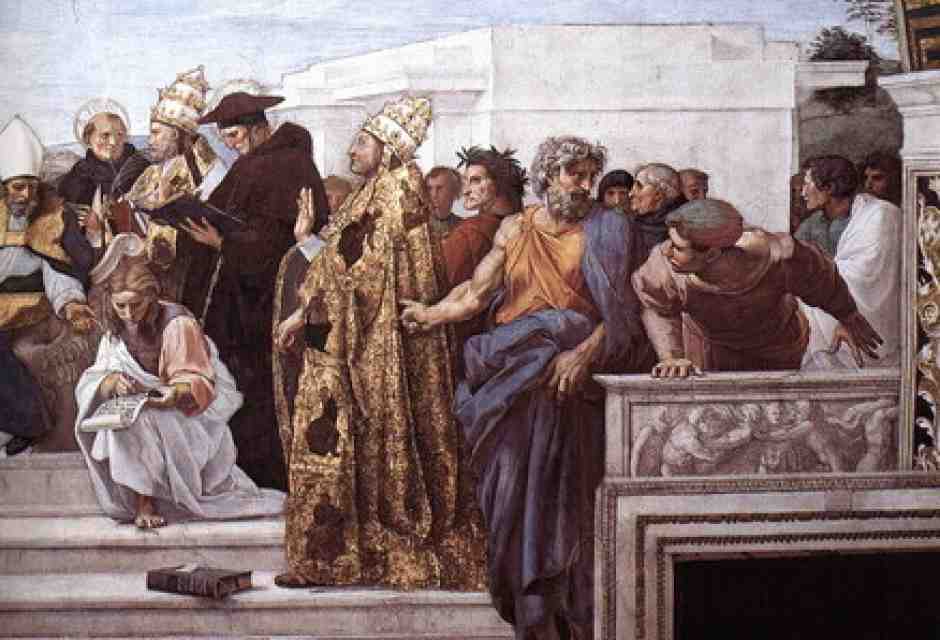 Raffaello, &ldquo;Disputa del Sacramento&rdquo; (particolare), 1509 (Stanze di Raffaello, Musei Vaticani)&nbsp;<br />