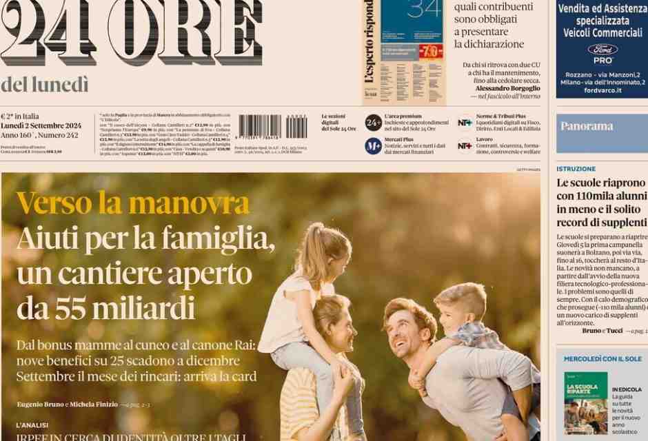 La prima pagina del Sole 24 Ore di Luned&igrave; 2 settembre 2024