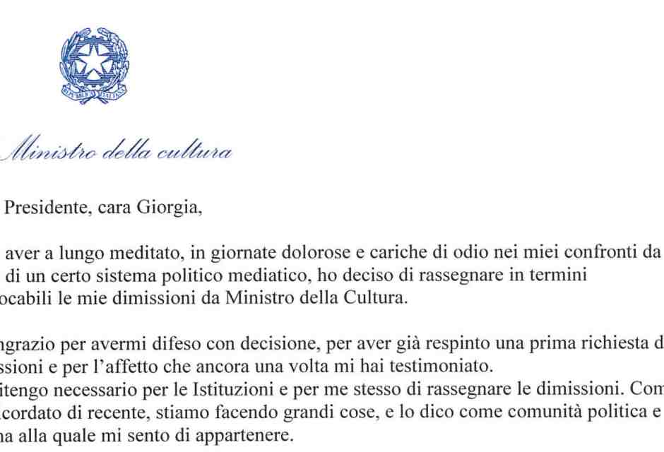 Ecco la lettera di dimissioni di Gennaro Sangiuliano