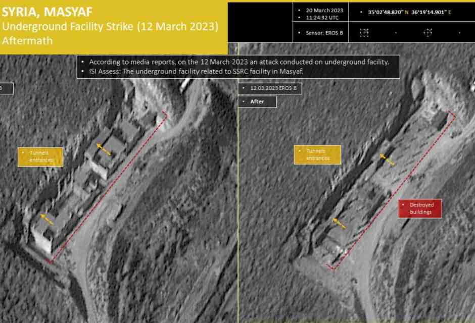 <span style="font-family: Arial, Verdana, sans-serif; font-size: 12px;">Una foto satellitare scattata lo scorso anno che mostra i tunnel dello stabilimento militare di Masyaf</span>