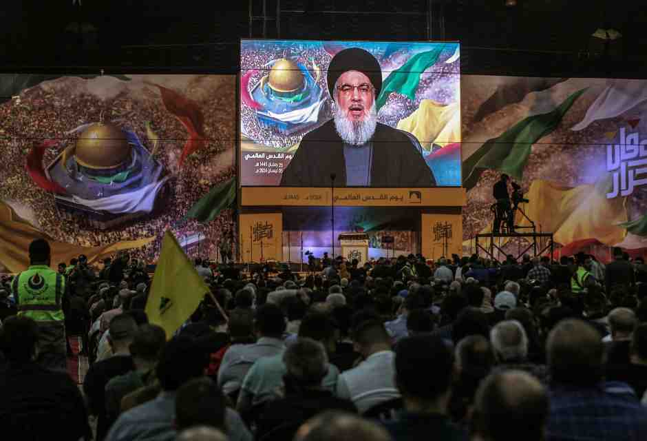 Nasrallah tiene un discorso televisivo per la giornata internazionale di al-Quds nel sobborgo meridionale di Beirut (foto Marwan Naamani/Getty Images)&nbsp;<br />