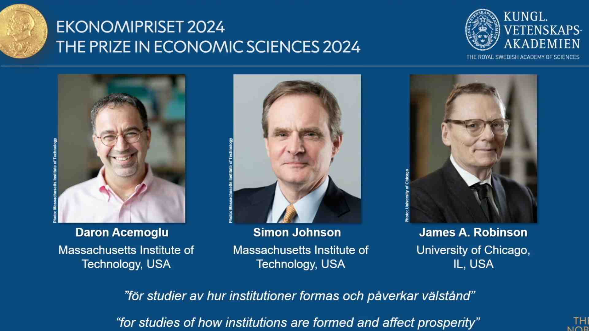 Immagine di Daron Acemoglu, Simon Johnson e James A. Robinson vincono il Nobel per l'Economia