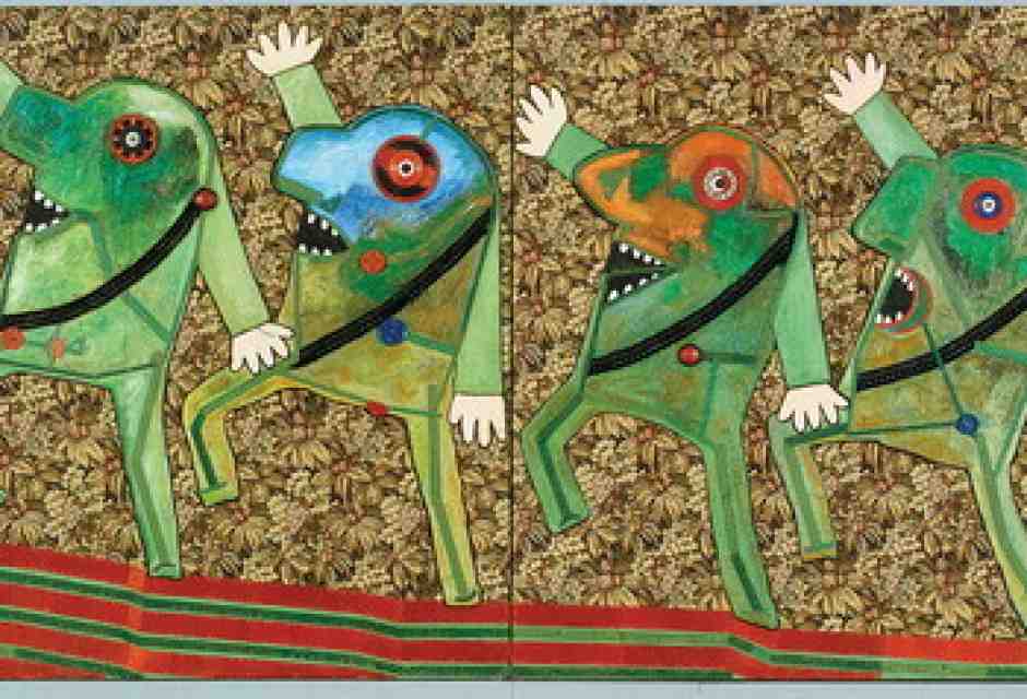 Enrico Baj, Parata a sei, 1964 olio e collage su stoffa, 190 x 480 x 3 cm (in due parti, ciascuna 190 x 240 x 3 cm) Archivio Enrico Baj, Vergiate (VA)<br />