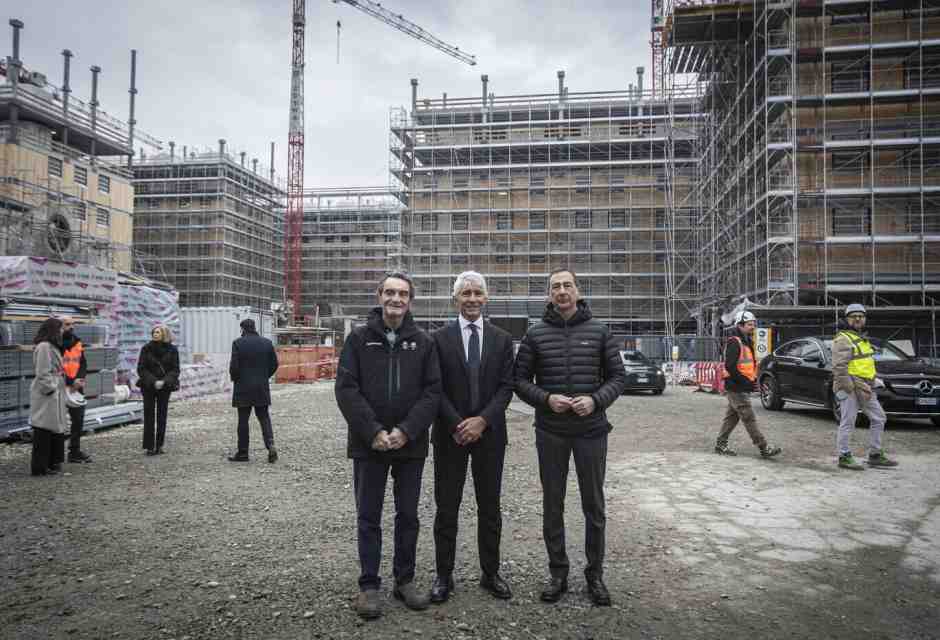Fontana e Sala con il ministro Abodi in visita al cantiere del villaggio Olimpico allo scalo di Porta Romana a Milano (LaPresse) <br />