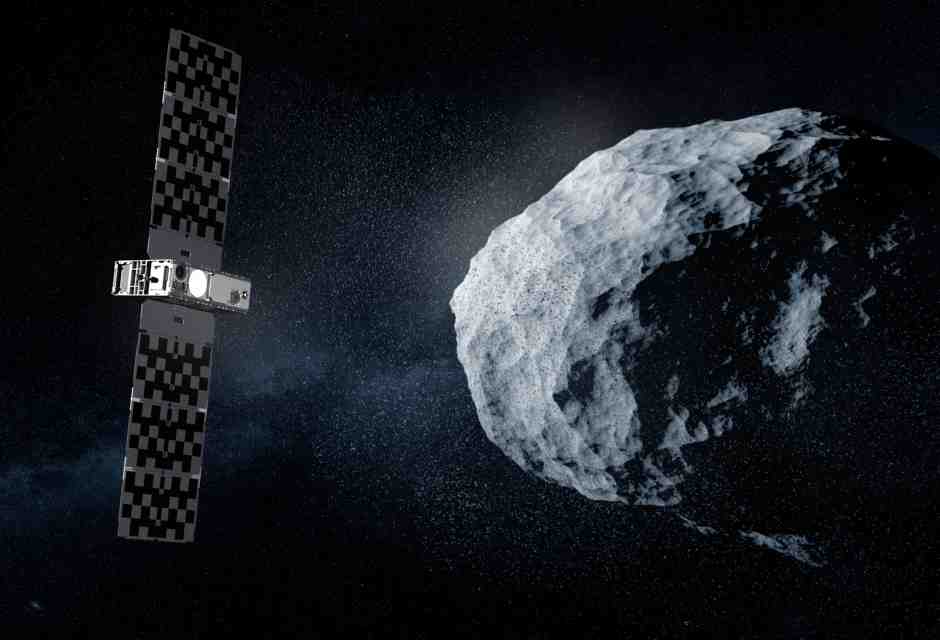 Una elaborazione grafica mostra il CubeSat Milani mentre svolge uno dei suoi compiti principali: studiare le particelle di polvere di asteroidi (ESA-Science Office)<br />