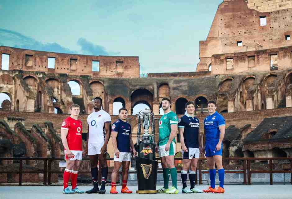 I capitani di Galles, Inghilterra, Francia, Irlanda, Scozia e Italia (Michele Lamaro) al Colosseo. Debutto l&rsquo;1 febbraio in Scozia (foto Sei Nazioni)&nbsp;<br />
