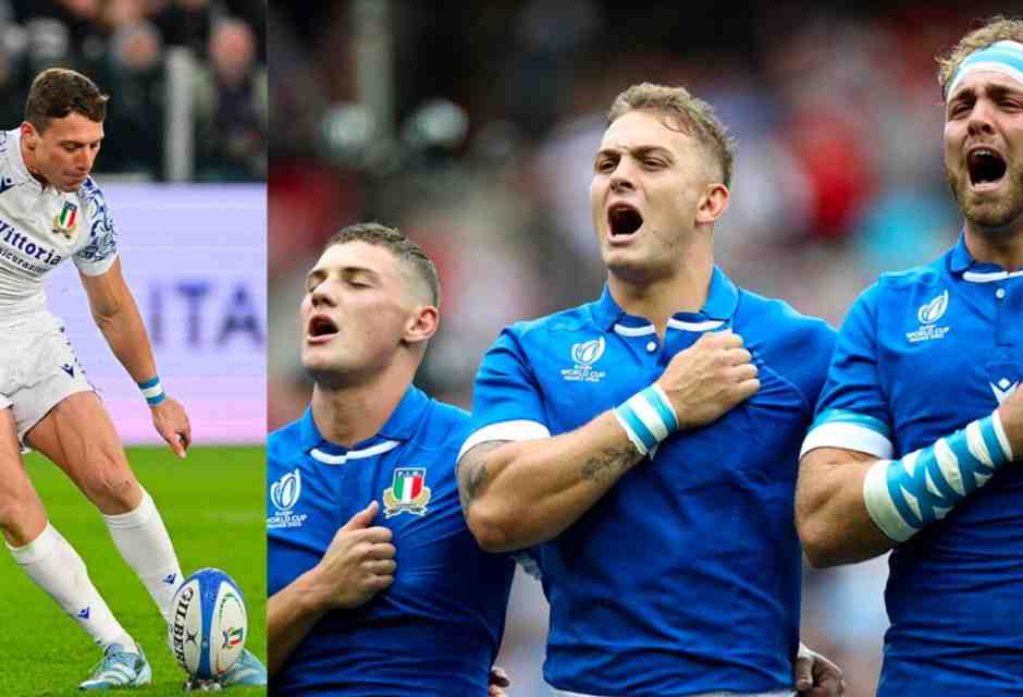 Fratelli azzurri: nella foto a sinistra Paolo Garbisi e in quella a destra suo fratello Alessandro e i fratelli Lorenzo e Niccol&ograve;&nbsp; Cannone (foto Getty Images)