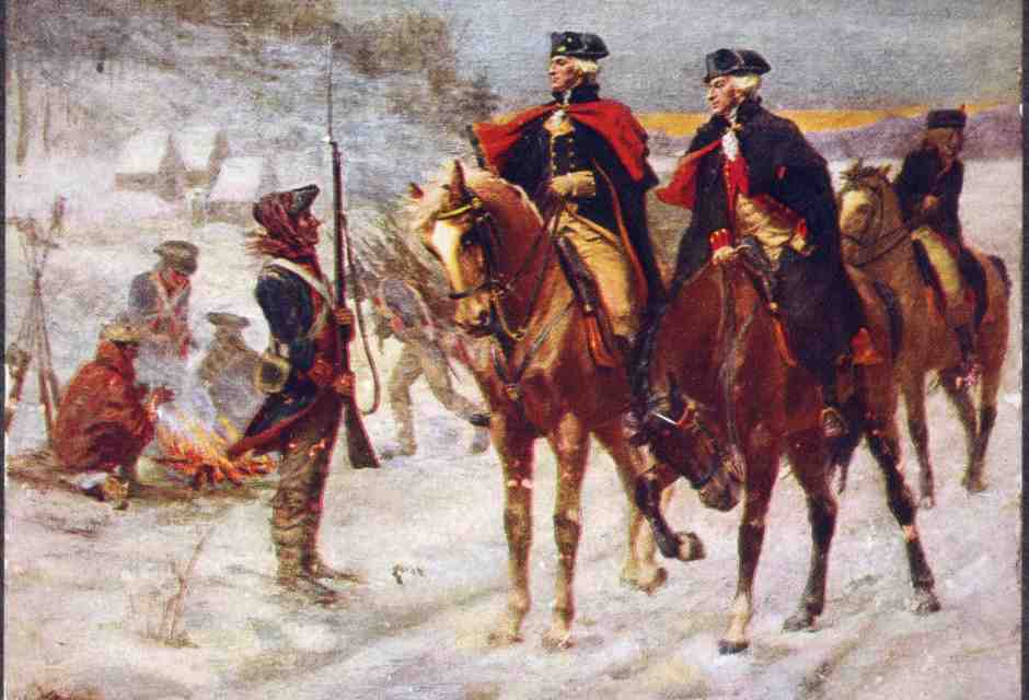 Una raffigurazione di La Fayette (a destra) e Washington a Valley Forge (Wikipedia)&nbsp;<br />