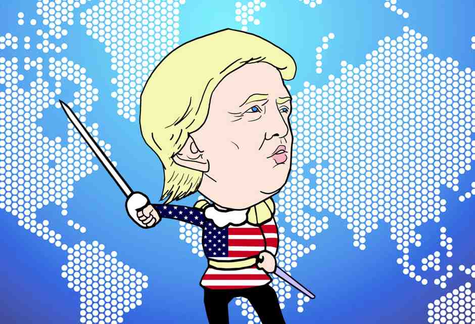 Una caricatura di Trump diffusa a Shanghai, in Cina, mostra il presidente americano che sguaina la spada dei dazi (foto Getty)&nbsp;<br />