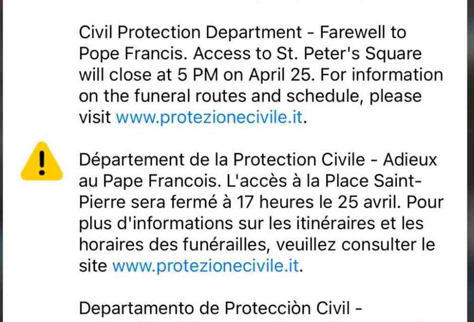 L'alert che ha fatto suonare i telefoni e spaventato i romani: “Piazza San Pietro chiuderà alle 17”