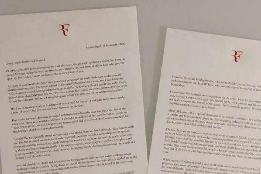 La lettera di commiato di Federer - Facebook Federer