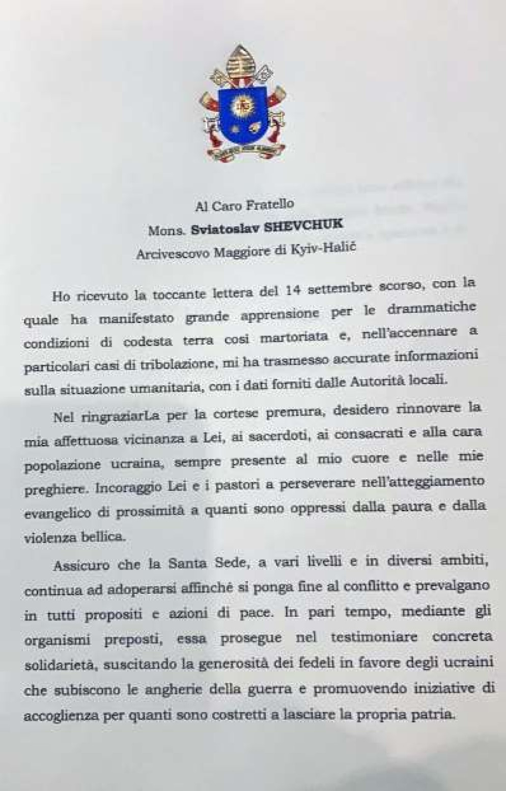 La lettera di papa Francesco all’arcivescovo maggiore della Chiesa greco-cattolica ucraina, Sviatoslav Shevchuk - Avvenire