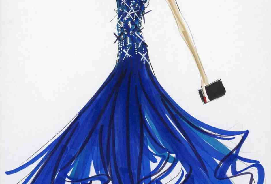Disegno di un abito da gran sera della collezione inverno 2006 e un look della sfilata inverno 2011 (photo SGP)