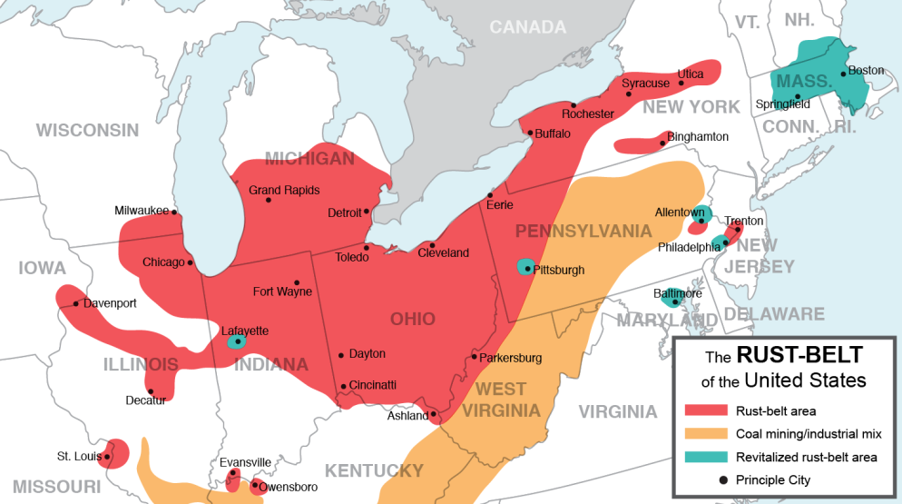 Una cartina della Rust Belt
