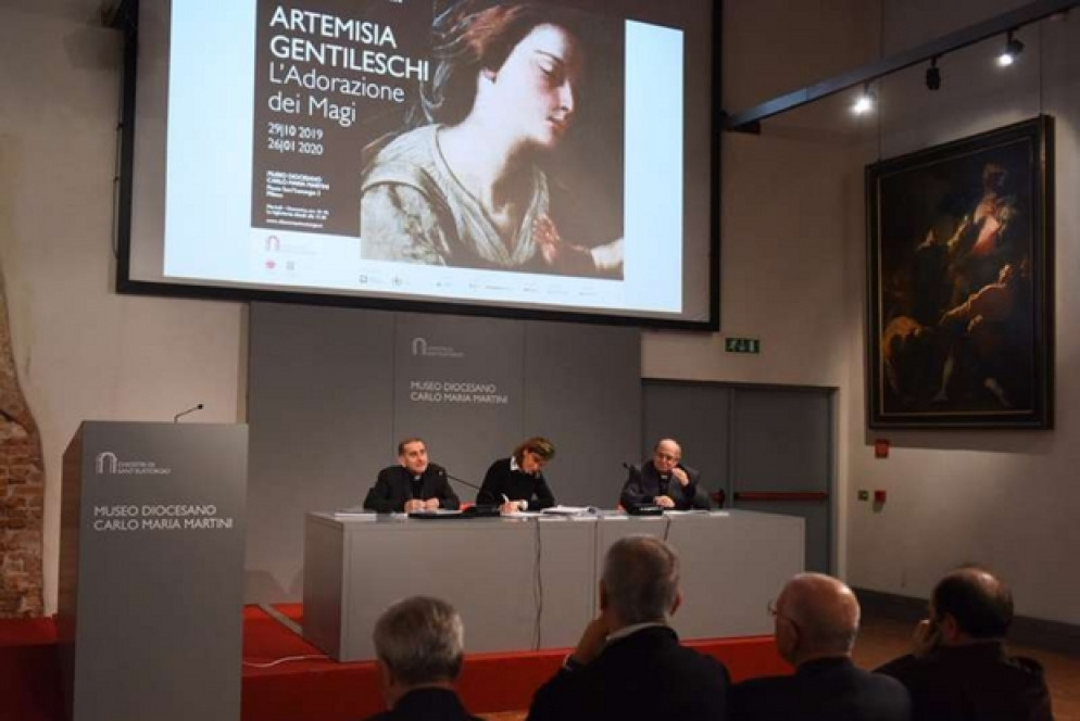 Milano, Museo Diocesano: l'arcivescovo Delpini, la direttrice Righi e il vescovo Pascarella (foto Itl-Mariga)