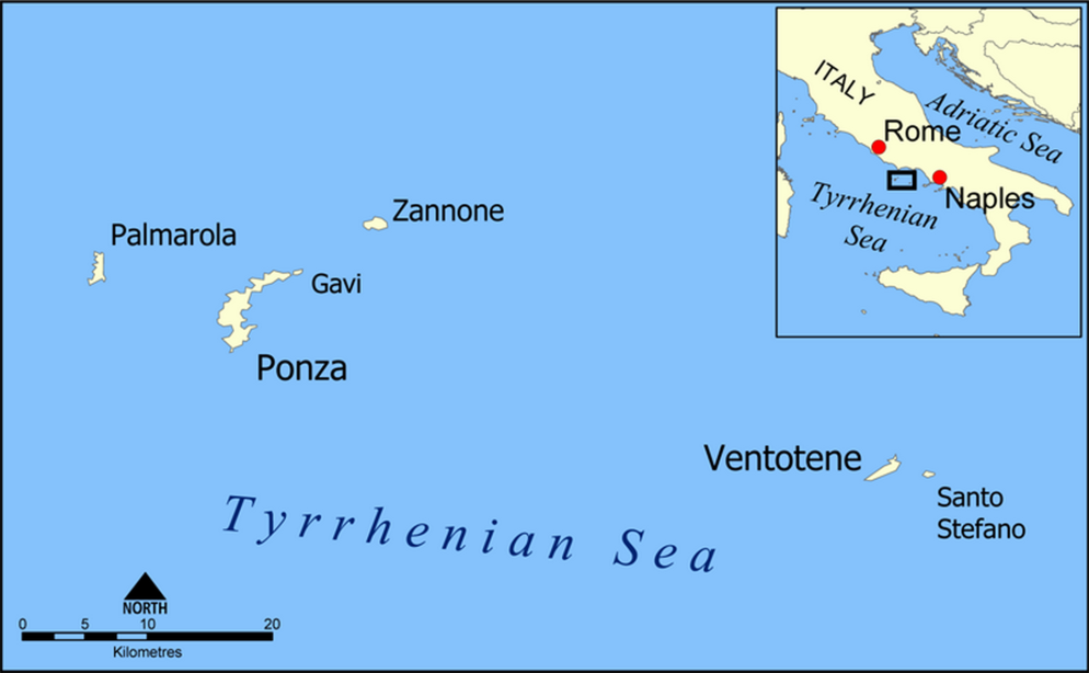 Mappa delle isole Pontine, con Ventotene (da Wikipedia commons)