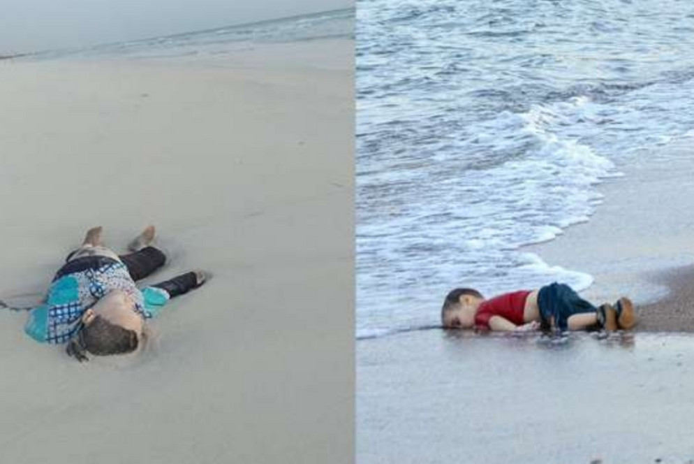 Il corpo restituito dal mare in Libia e a destra il piccolo Alan Kurdi - Open Arms / Ansa