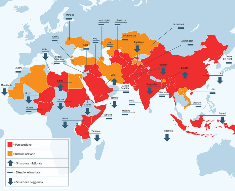 La mappa si riferisce al rapporto di Aiuto alla Chiesa che soffre del 2016 sempre relativo alla libertà religiosa