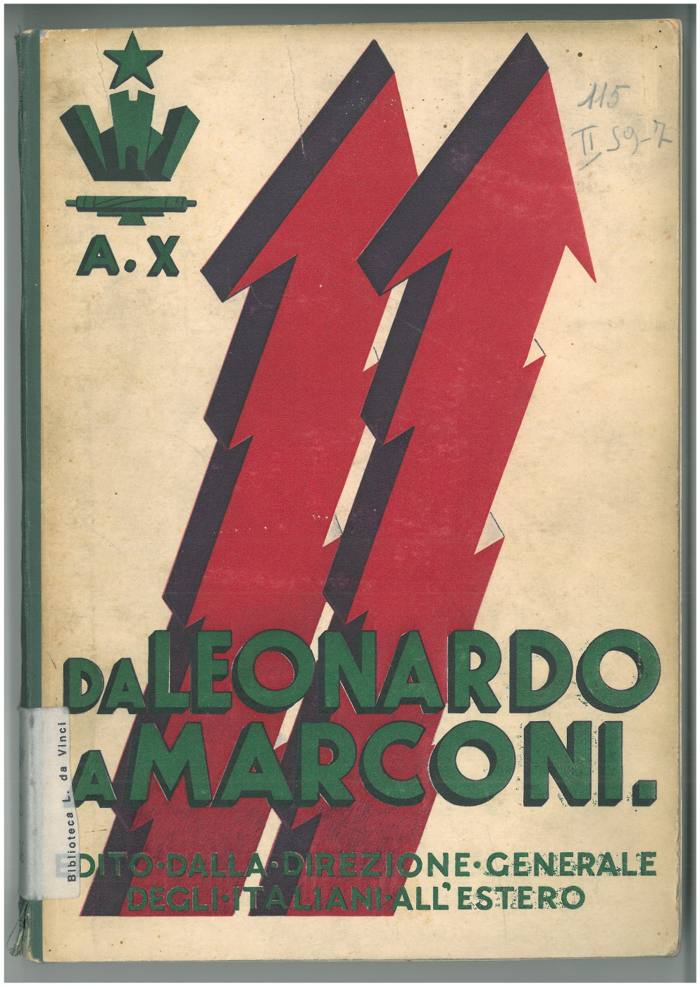 La copertina del volume di Francesco Savorgnan di Brazzà "Da Leonardo a Marconi. Invenzioni e scoperte italiane", 1932