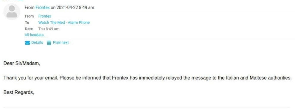 Le email da Frontex che confermano di avere informato del naufragio le autorità