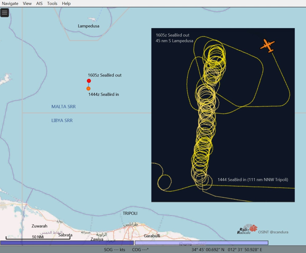 Il tracciato dell'aereo di Sea Watch e il punto in cui è intervenuta la motovedetta libica. A sole 45 miglia da Lampedusa (110 dalla Libia) - Sergio Scandura / Radio Radicale