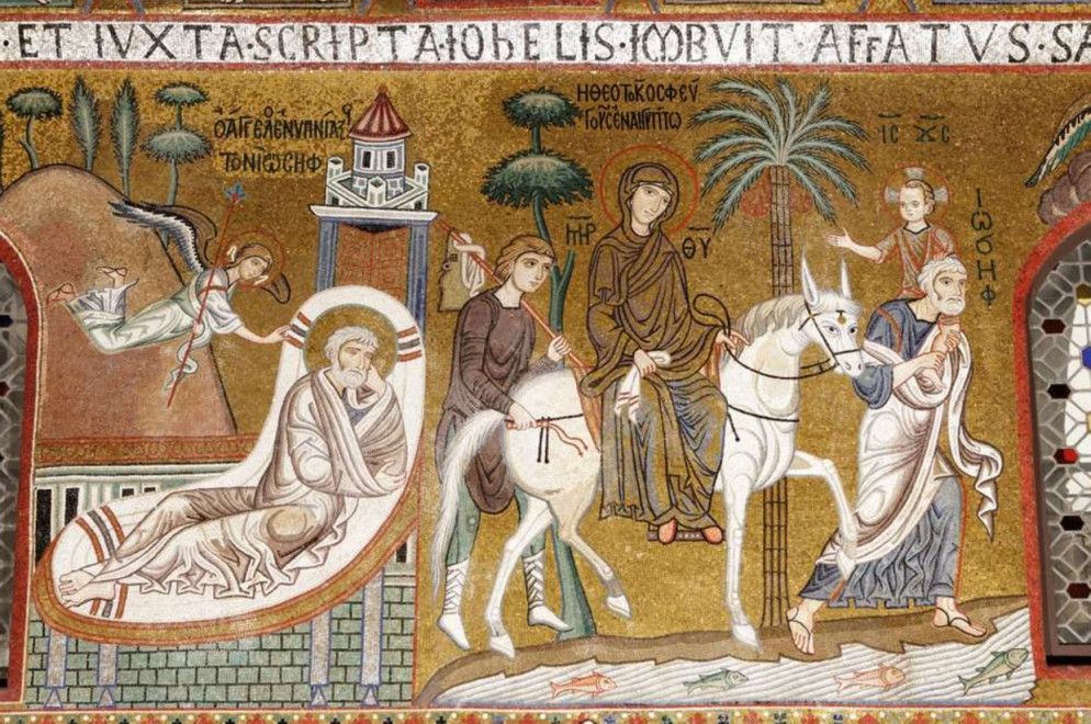 Il mosaico con la “Fuga in Egitto” nella Cappella Palatina a Palermo, in cui san Giuseppe porta in spalla il bimbo Gesù (Wikicommons)