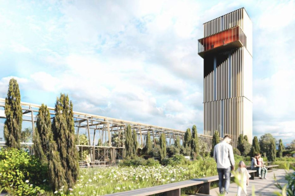 Il giardino pensile "viridarium" e il belvedere panoramico sulla ciminiera in una simulazione - ANSA