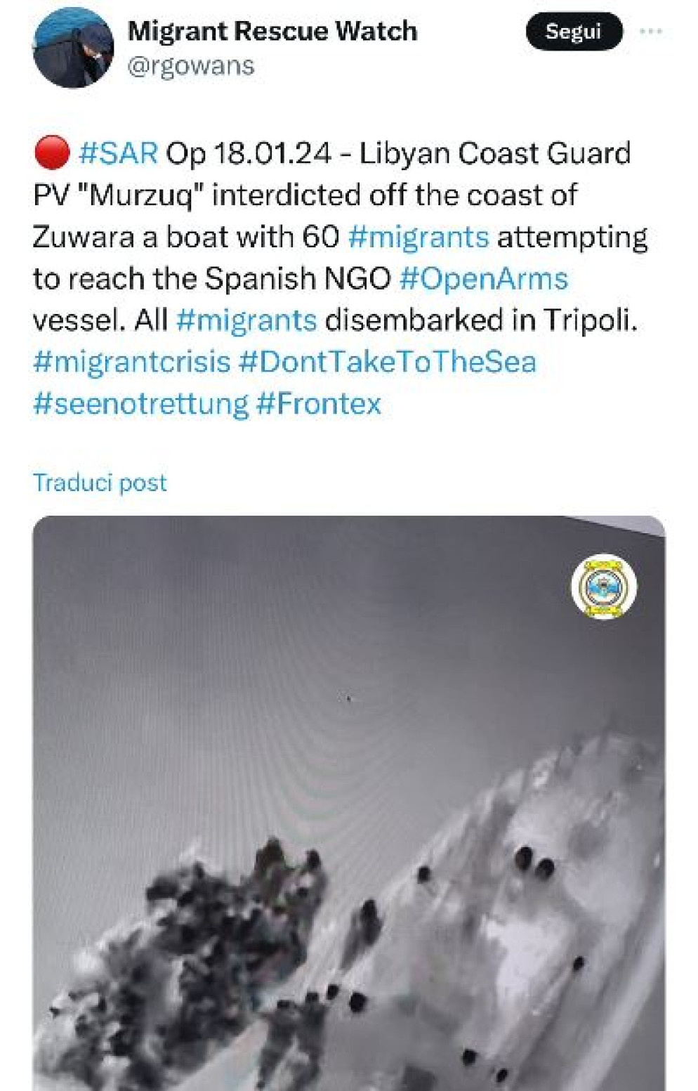 Uno dei post di @rgowans con cui pubblica immagini scattate da un velivolo militare di sorveglianza - .