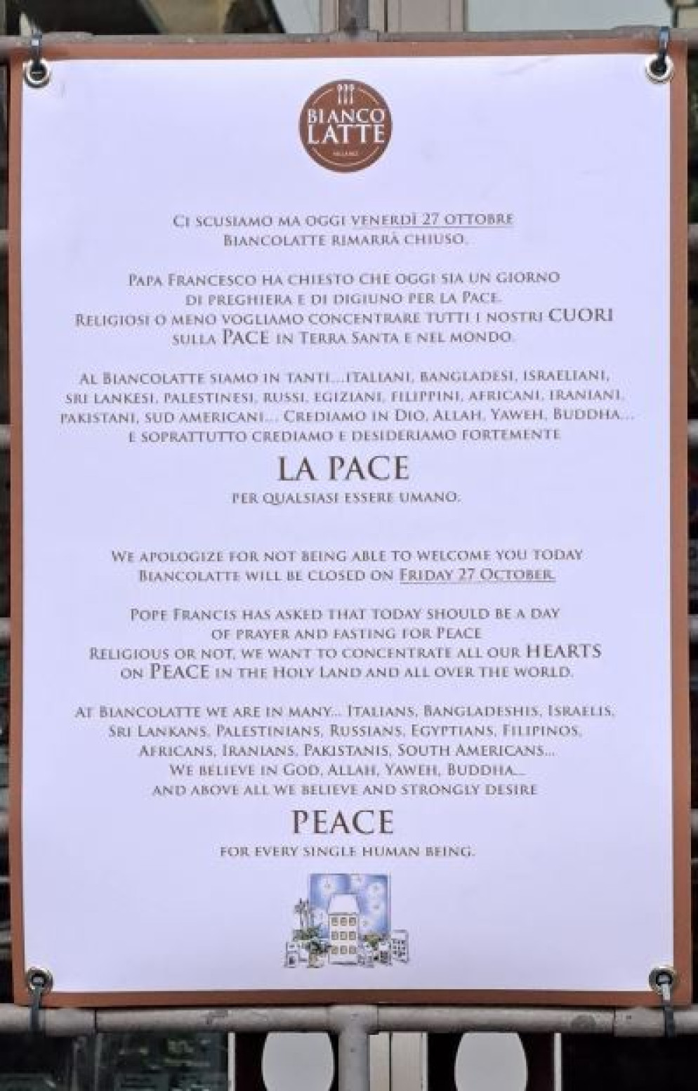 Il cartello con cui si annuncia la chiusura per l'adesione alla Giornata di preghiera e digiuno per la pace - R.M.