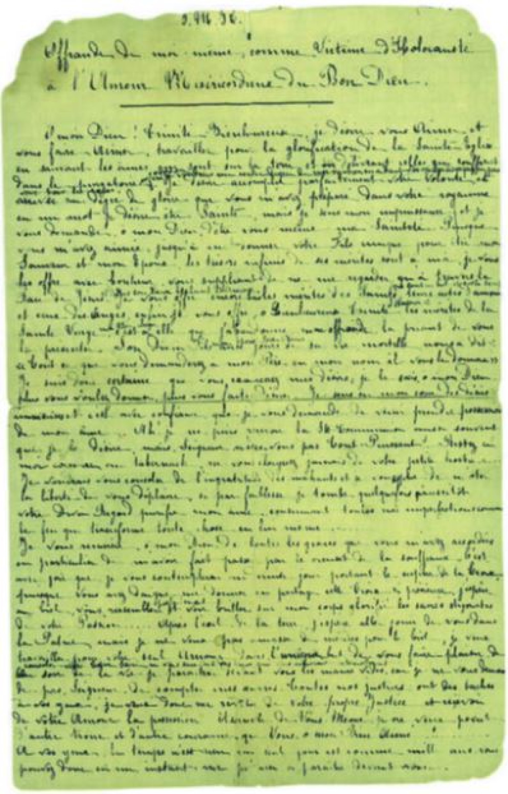 La prima pagina del manoscritto con l’Atto di offerta all’Amore Misericordiosoredatto da santa Teresa di Lisieuxil 9 giugno 1895 - -