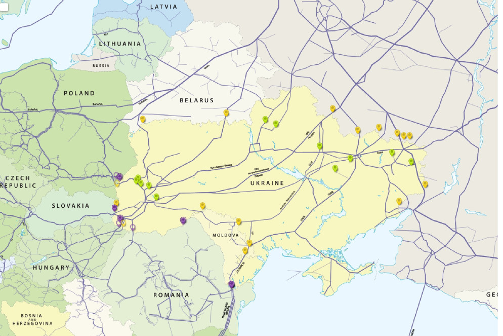 La mappa dei gasdotti e dei collegamenti sul territorio Ucraino - Entsog