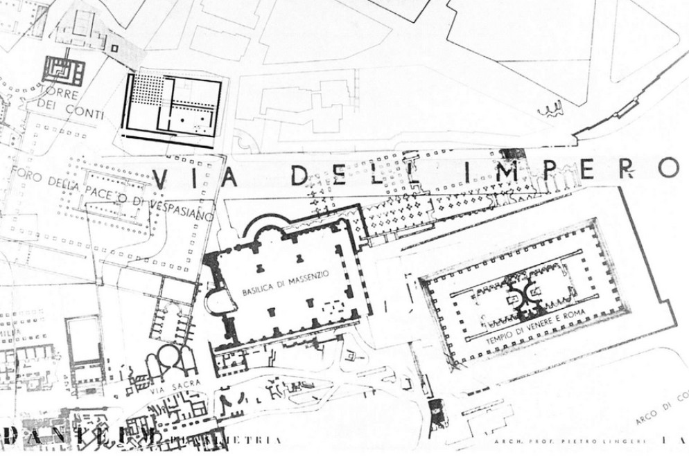 La tavola del progetto di Lingeri e Terragni con l’area di via dell’Impero dove, in alto a sinistra, si vede il Danteum che dialoga con la Basilica di Massenzio - .