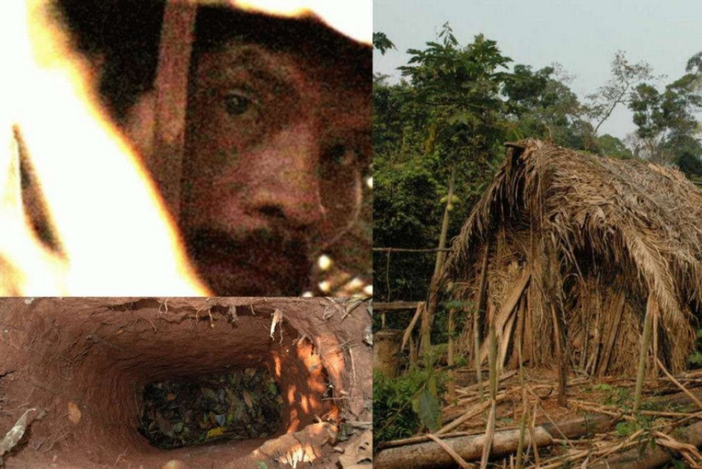 L'indio, la sua capanna e una delle buche scavate, ripresi dalla Funai