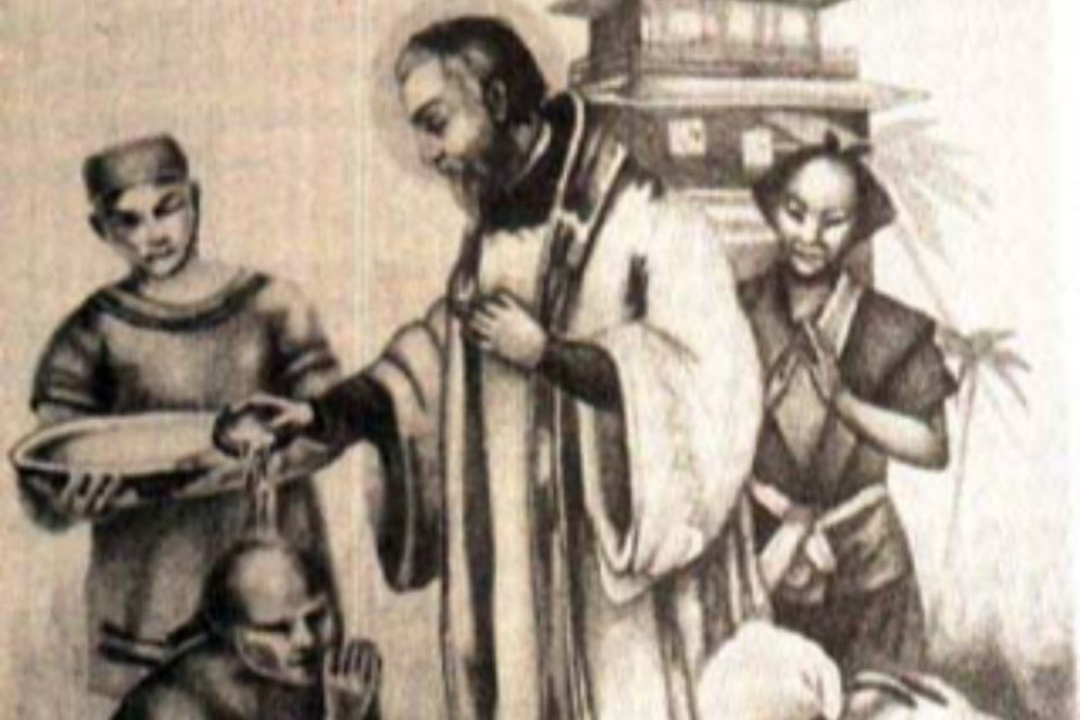 Un'antica stampa che ritrae il gesuita e futuro beato Girolamo De Angelis (1568-1623) mentre battezza dei giapponesi convertiti al cattolicesimo - +