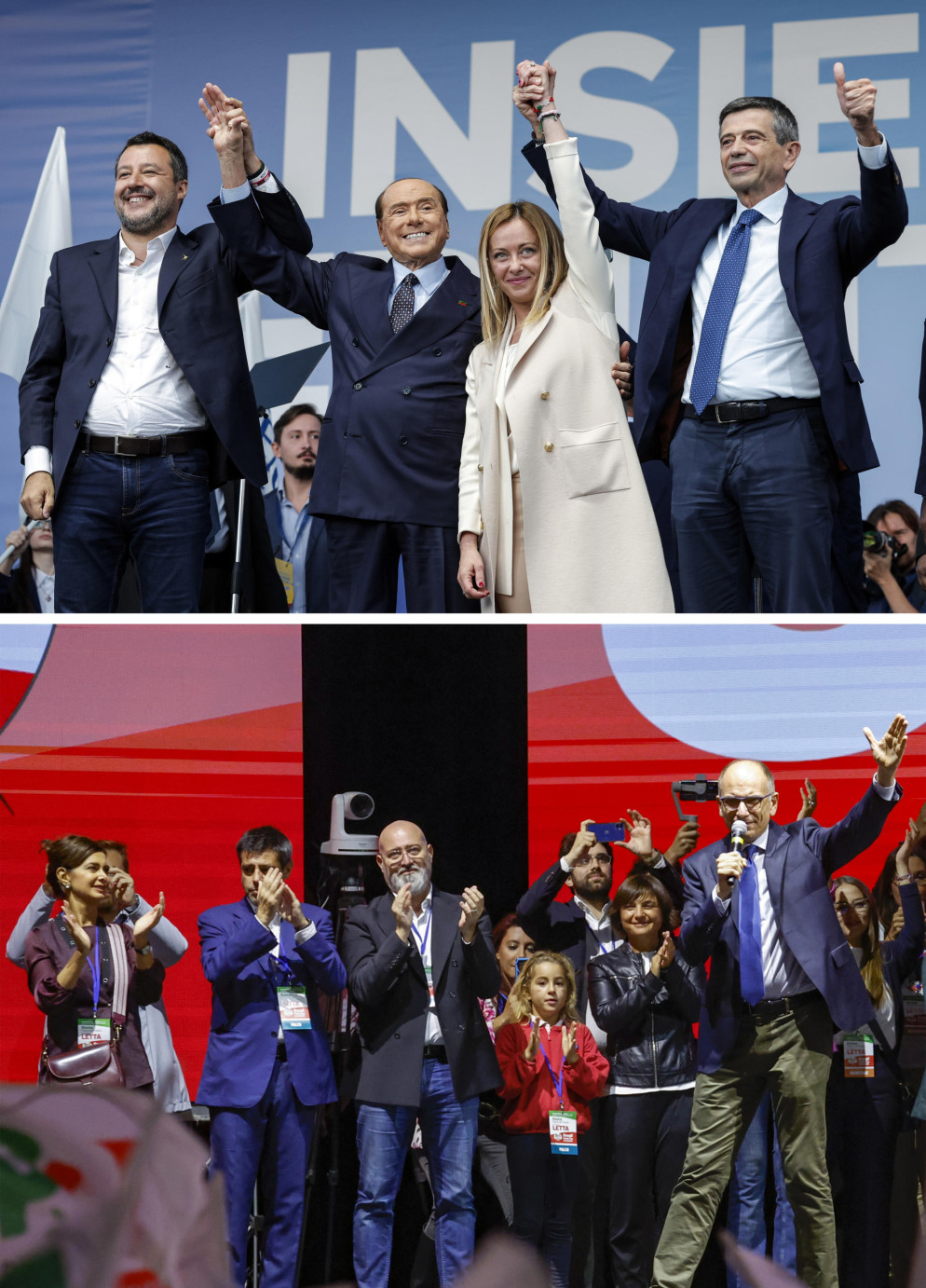 Le chiusure delle campagne elettorali di centrodestra e centrosinistra. - Ansa