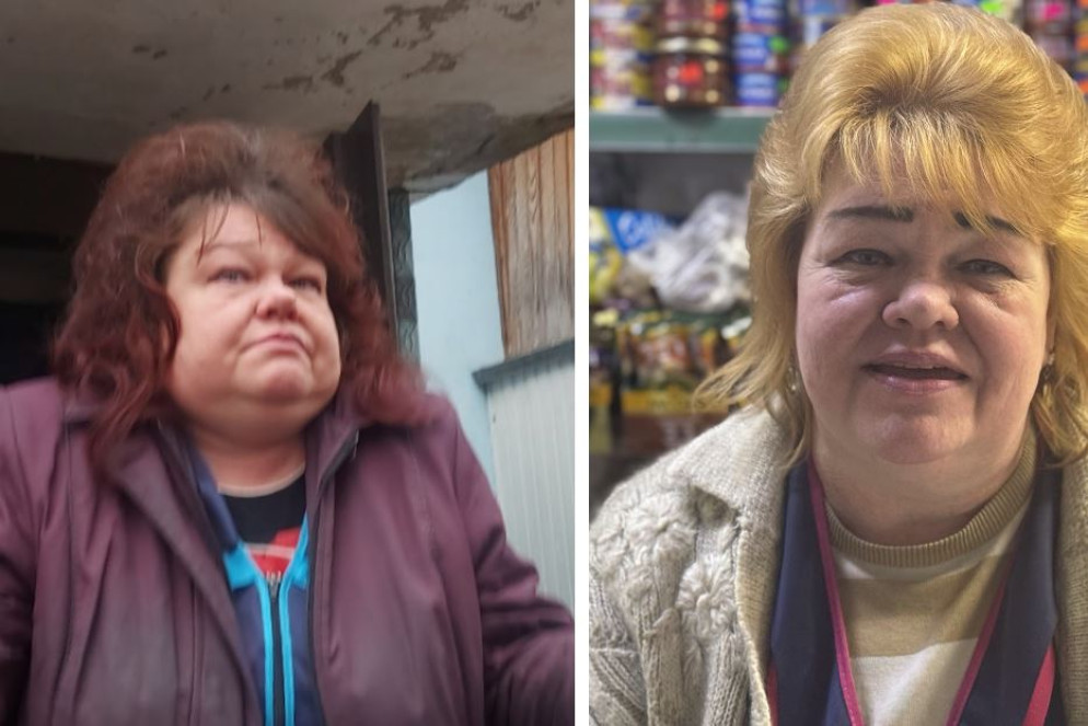 A sinistra Ira, la mattina del primo attacco russo a pochi metri dalla sua casa, il 24 marzo 2022. A destra, Ira oggi nel suo negozio sullo stesso luogo - Nello Scavo
