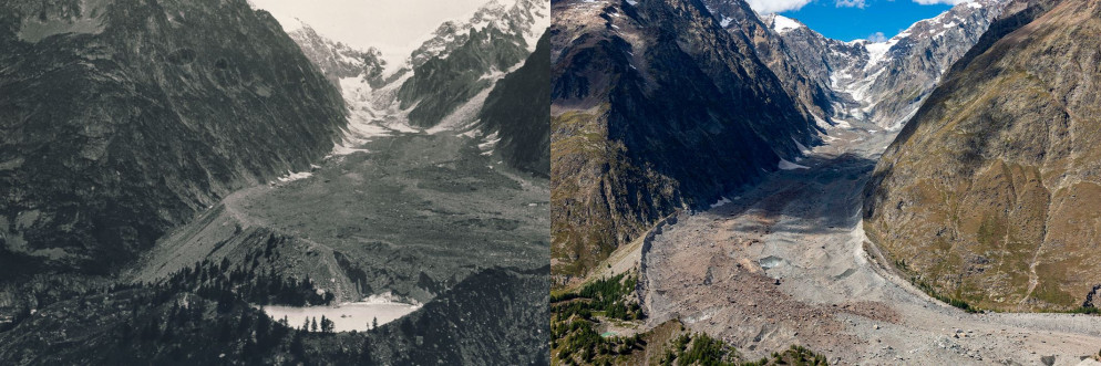 Immagini a confronto del ghiacciaio del Miage, nel Massiccio del Monte Bianco - Greenpeace Italia