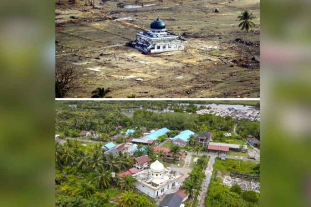 Vent’anni dopo restano pochi segni visibili del passaggio dell’onda di tsumani sulla moschea di Kuala Bubon nella provincia indonesiana di Aceh - Ansa