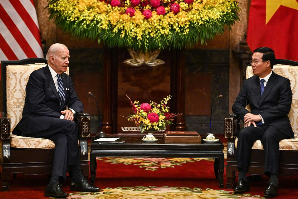 Il presidente Usa Joe Binden con il presidente vietnamita Vo Van Thuong l'11 settembre - ANSA