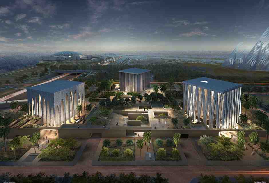 Una vista dall&rsquo;alto della Casa abramitica e dei musei di Saadiyat ad Abu Dhabi (foto studio Adjaye e associati)  &nbsp;<br />